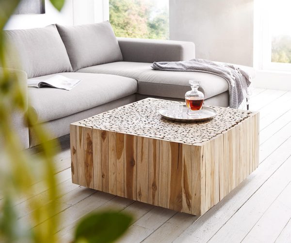 DELIFE Wohnzimmertisch Ladarius 80x80 Teak Natur rollbar Holzscheiben, Couchtische DELIFE Wohnzimmertisch Ladarius 80x80 Teak Natur rollbar Holzscheiben, Couchtische
