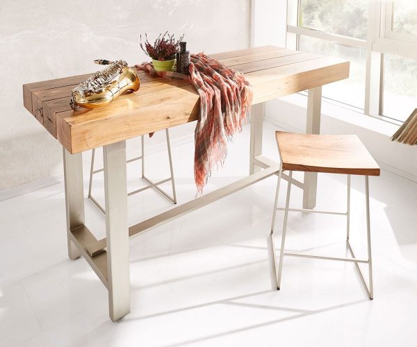 DELIFE Bartisch Blokk 165x60 cm Akazie Natur Metallgestell, Bartische DELIFE Bartisch Blokk 165x60 cm Akazie Natur Metallgestell, Bartische