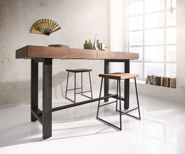 DELIFE Bartisch Blokk 165x60cm Akazie Braun mit Metallgestell, Bartische DELIFE Bartisch Blokk 165x60cm Akazie Braun mit Metallgestell, Bartische