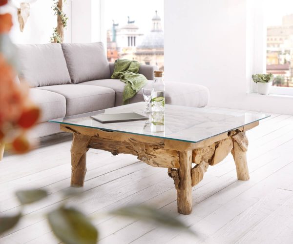 DELIFE Couchtisch Ramiro 100x100 Teakholz Natur Glasplatte Unikat, Couchtische DELIFE Couchtisch Ramiro 100x100 Teakholz Natur Glasplatte Unikat, Couchtische