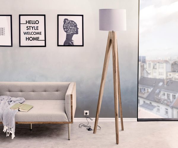 DELIFE Designer-Stehlampe Wyatt Sheesham Natur drei Beine Stoff Grau, Stehleuchten DELIFE Designer-Stehlampe Wyatt Sheesham Natur drei Beine Stoff Grau, Stehleuchten