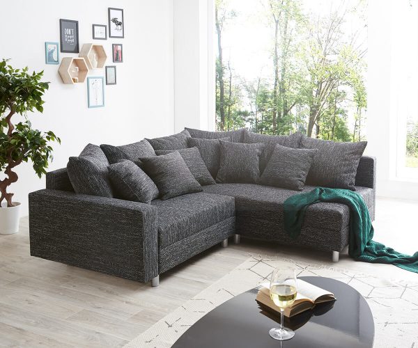 DELIFE Ecksofa Clovis Schwarz Strukturstoff mit Armlehne Ottomane Rechts, Design Ecksofas, Couch Loft, Modulsofa, modular DELIFE Ecksofa Clovis Schwarz Strukturstoff mit Armlehne Ottomane Rechts, Design Ecksofas, Couch Loft, Modulsofa, modular