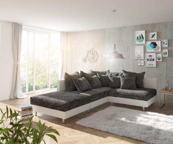 DELIFE Ecksofa Clovis Weiss Schwarz mit Hocker Ottomane Links, Design Ecksofas, Couch Loft, Modulsofa, modular DELIFE Ecksofa Clovis Weiss Schwarz mit Hocker Ottomane Links, Design Ecksofas, Couch Loft, Modulsofa, modular