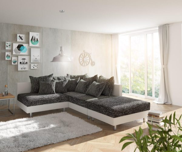 DELIFE Ecksofa Clovis Weiss Schwarz mit Hocker Ottomane Rechts modular, Design Ecksofas, Couch Loft, Modulsofa, modular DELIFE Ecksofa Clovis Weiss Schwarz mit Hocker Ottomane Rechts modular, Design Ecksofas, Couch Loft, Modulsofa, modular