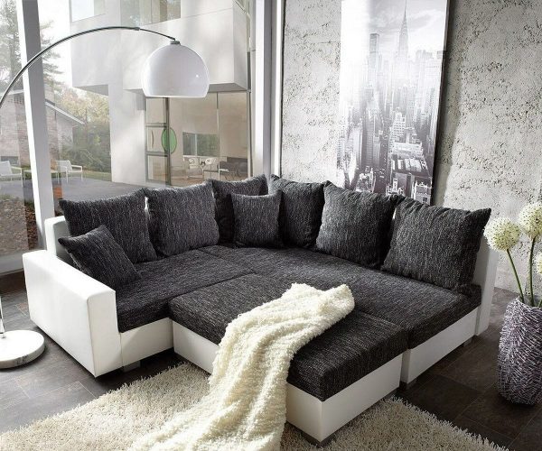 DELIFE Ecksofa Lavello 210x210 cm Schwarz Weiss mit Hocker, Ecksofas DELIFE Ecksofa Lavello 210x210 cm Schwarz Weiss mit Hocker, Ecksofas