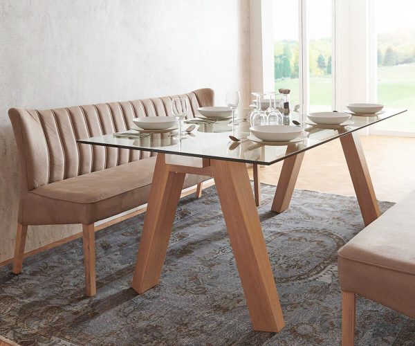 DELIFE Esstisch Solideon 200x100 Glas Edelstahl Eiche furniert, Esstische DELIFE Esstisch Solideon 200x100 Glas Edelstahl Eiche furniert, Esstische