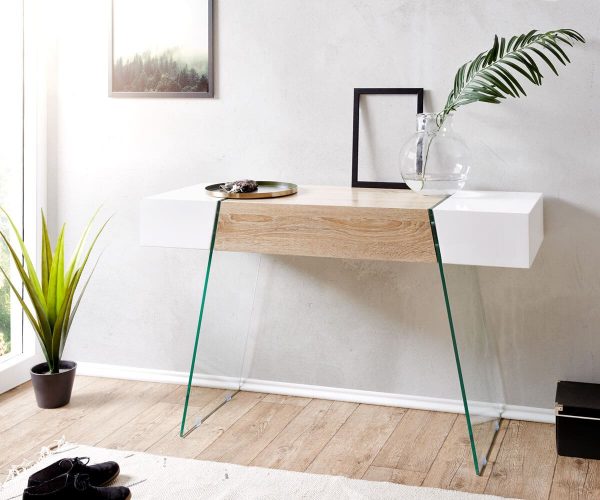 DELIFE Konsole Henora 120x40 Weiss Hochglanz Eiche Sonoma Dekor, Beistelltische DELIFE Konsole Henora 120x40 Weiss Hochglanz Eiche Sonoma Dekor, Beistelltische