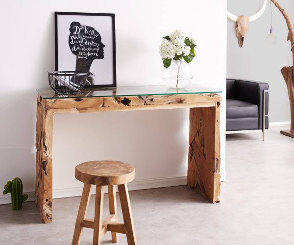 DELIFE Konsole Ramiro 120x40 cm Teak Natur Glasplatte Unikat, Beistelltische DELIFE Konsole Ramiro 120x40 cm Teak Natur Glasplatte Unikat, Beistelltische