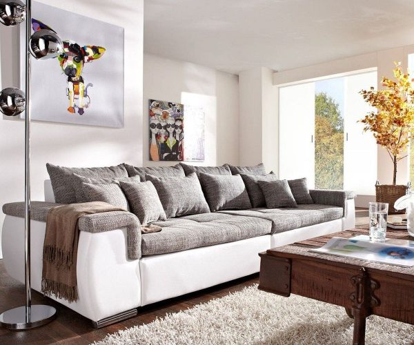 DELIFE Sofa Navin 275x116 cm Hellgrau Weiss Couch mit Kissen, Big Sofas DELIFE Sofa Navin 275x116 cm Hellgrau Weiss Couch mit Kissen, Big Sofas