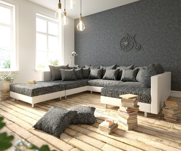 DELIFE Wohnlandschaft Clovis Weiss Schwarz modular mit Hocker, Design Wohnlandschaften, Couch Loft, Modulsofa, modular DELIFE Wohnlandschaft Clovis Weiss Schwarz modular mit Hocker, Design Wohnlandschaften, Couch Loft, Modulsofa, modular