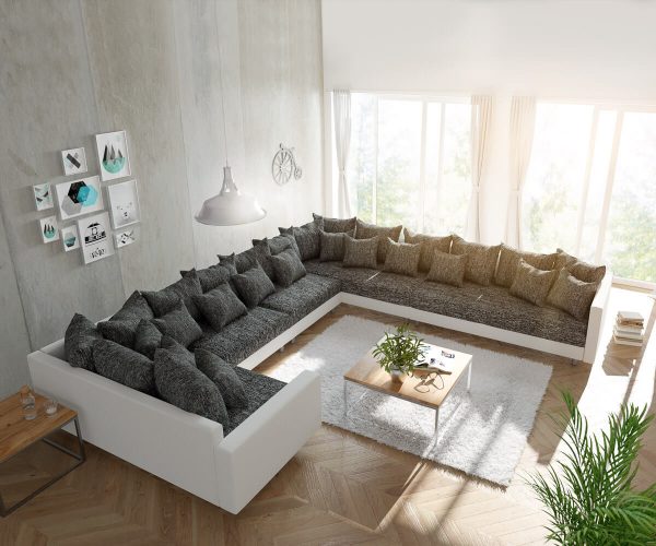 DELIFE Wohnlandschaft Clovis XXL Weiss Schwarz mit Armlehne Ottomane Rechts, Design Wohnlandschaften, Couch Loft, Modulsofa, modular DELIFE Wohnlandschaft Clovis XXL Weiss Schwarz mit Armlehne Ottomane Rechts, Design Wohnlandschaften, Couch Loft, Modulsofa, modular