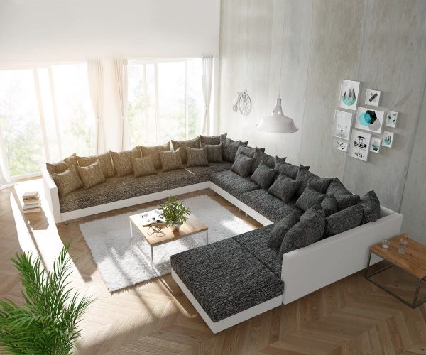 DELIFE Wohnlandschaft Clovis XXL Weiss Schwarz mit Hocker Ottomane Links, Design Wohnlandschaften, Couch Loft, Modulsofa, modular DELIFE Wohnlandschaft Clovis XXL Weiss Schwarz mit Hocker Ottomane Links, Design Wohnlandschaften, Couch Loft, Modulsofa, modular