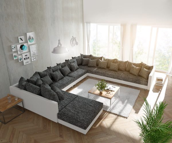 DELIFE Wohnlandschaft Clovis XXL Weiss Schwarz mit Hocker Ottomane Rechts, Design Wohnlandschaften, Couch Loft, Modulsofa, modular DELIFE Wohnlandschaft Clovis XXL Weiss Schwarz mit Hocker Ottomane Rechts, Design Wohnlandschaften, Couch Loft, Modulsofa, modular