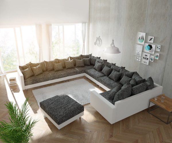 DELIFE Wohnlandschaft Clovis XXL Weiss Schwarz mit Hocker und Armlehne Ottomane Links, Design Wohnlandschaften, Couch Loft, Modulsofa, modular DELIFE Wohnlandschaft Clovis XXL Weiss Schwarz mit Hocker und Armlehne Ottomane Links, Design Wohnlandschaften, Couch Loft, Modulsofa, modular