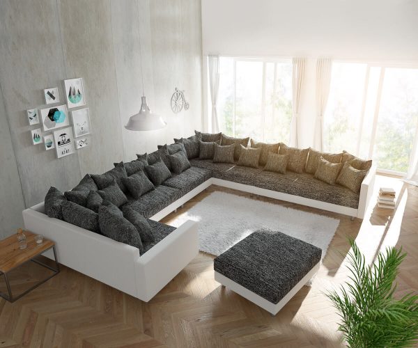 DELIFE Wohnlandschaft Clovis XXL Weiss Schwarz mit Hocker und Armlehne Ottomane Rechts, Design Wohnlandschaften, Couch Loft, Modulsofa, modular DELIFE Wohnlandschaft Clovis XXL Weiss Schwarz mit Hocker und Armlehne Ottomane Rechts, Design Wohnlandschaften, Couch Loft, Modulsofa, modular