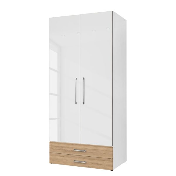 Drehtürenschrank KSW - Hochglanz Alpinweiß / Wildeiche - 100 cm (2-türig) - 2 Schubladen Drehtürenschrank KSW - Hochglanz Alpinweiß / Wildeiche - 100 cm (2-türig) - 2 Schubladen