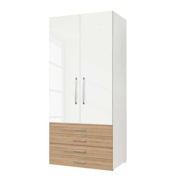 Drehtürenschrank KSW - Hochglanz Alpinweiß / Wildeiche - 100 cm (2-türig) - 4 Schubladen Drehtürenschrank KSW - Hochglanz Alpinweiß / Wildeiche - 100 cm (2-türig) - 4 Schubladen