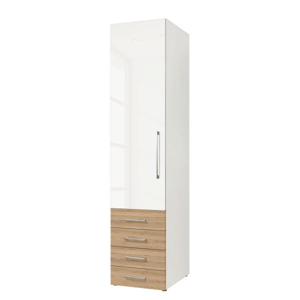 Drehtürenschrank KSW - Hochglanz Alpinweiß / Wildeiche - 50 cm (1-türig) - Türanschlag links - 4 Schubladen Drehtürenschrank KSW - Hochglanz Alpinweiß / Wildeiche - 50 cm (1-türig) - Türanschlag links - 4 Schubladen
