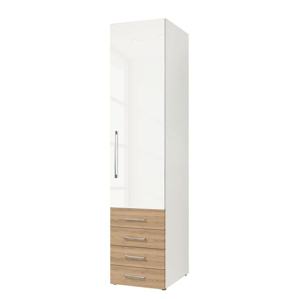 Drehtürenschrank KSW - Hochglanz Alpinweiß / Wildeiche - 50 cm (1-türig) - Türanschlag rechts - 4 Schubladen Drehtürenschrank KSW - Hochglanz Alpinweiß / Wildeiche - 50 cm (1-türig) - Türanschlag rechts - 4 Schubladen