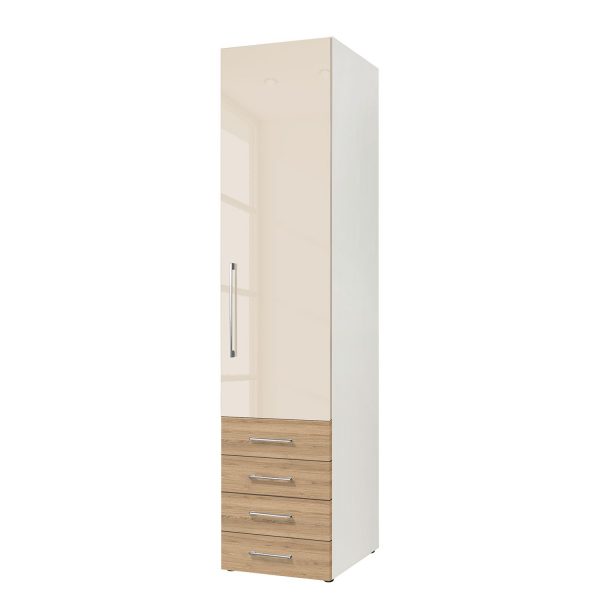 Drehtürenschrank KSW - Hochglanz Macchiato / Wildeiche - 50 cm (1-türig) - Türanschlag rechts - 4 Schubladen Drehtürenschrank KSW - Hochglanz Macchiato / Wildeiche - 50 cm (1-türig) - Türanschlag rechts - 4 Schubladen