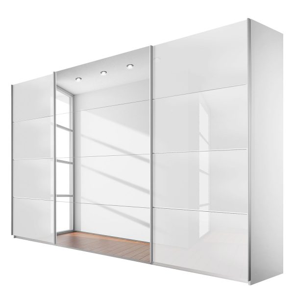 Schwebetürenschrank Quadra (Spiegel) - Alpinweiß / Glas Weiß - Breite x Höhe: 315 x 230 cm Schwebetürenschrank Quadra (Spiegel) - Alpinweiß / Glas Weiß - Breite x Höhe: 315 x 230 cm