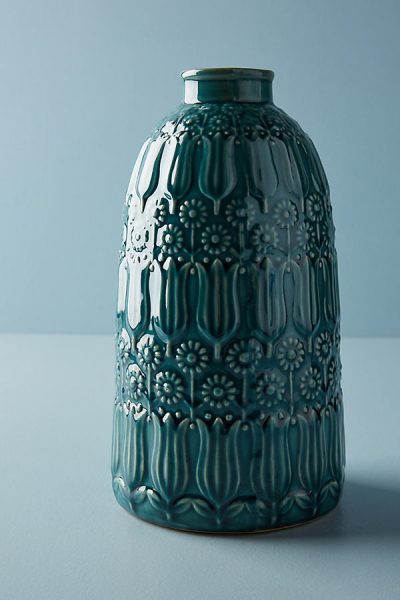 Vase mit Blumenprägung - Blue Green44342541EU