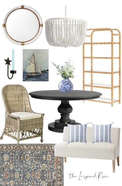 dining-room-mood-board-black-table-wicker-chair-persian-pattern-rug-392x600